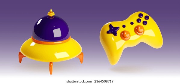 3D alien ufo and gaming joystick isolated on background. Vector realistic illustration of yellow glossy spacecraft with radar, gamer console with plastic buttons for cosmic vr game user interface