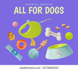 3d All for Dogs Shop Concept Ads Banner Promotion Poster Card. Vector illustration of Products for Domestic Animals