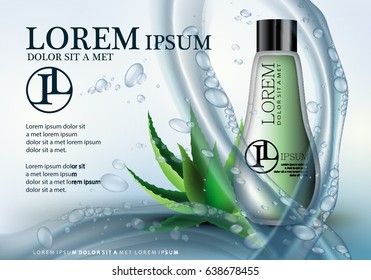 3D aloe vera in green bottle on wavy background. Concept for web site,ads,poster template,placard and promotion material.Also useful for flyer,banner,marketing on social network and blog advert