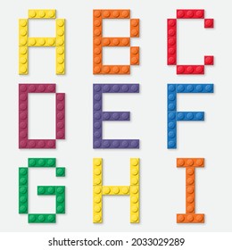 3d Alphabet from colorful brick block toy, Building bricks font for children poster, Letter design, baby banner, logo, print for kid. vector illustration