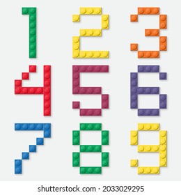 3d Alphabet from colorful brick block toy, Building bricks font for children poster, Number design, baby banner, logo, print for kid. vector illustration