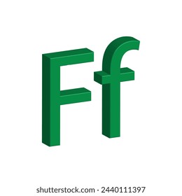 3D alphabet F in green colour. Big letter F and small letter f isolated on white background. clip art illustration vector