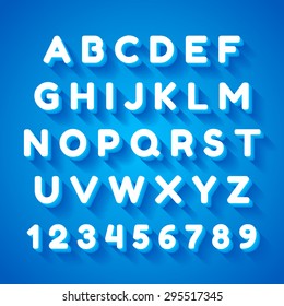 3d Alphabet Font With Flat Long Shadow Effect. Vector Illustration. Blue Background
