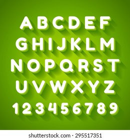 3d Alphabet Font With Flat Long Shadow Effect. Vector Illustration. Green Background