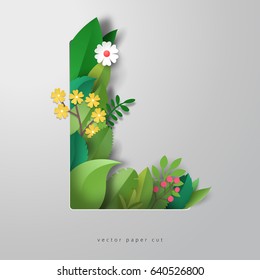 3d alphabet letter L with design of leaves and flowers. Vector paper cut art. Realistic shadows. 