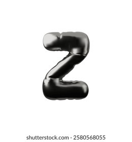 3D alphabet letter Z from black air inflated balloon vector icon. Volume metallic English uppercase typing consonant foil symbol. Realistic chrome Latin font sign puffy shape. Kid education