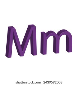 3D alphabet M in purple colour. Big letter M and small letter m isolated on white background. clip art illustration vector