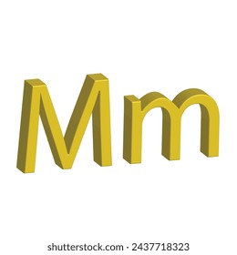 3D alphabet M in yellow colour. Big letter M and small letter m isolated on white background. clip art illustration vector