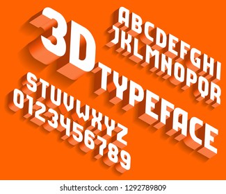 3D alphabet typeface. 3d effect letters and numbers in white and orange with shadows. Stock vector font for your typography design.
