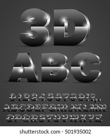 3D alphabet vector shiny black metal or glass style font with alphabet letters and numbers