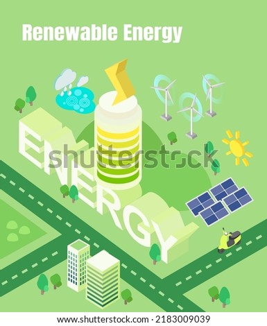 3D Alternative Clean Energy Concept with Wind Turbines and Solar Panels. Renewable Power Sources with Windmills.