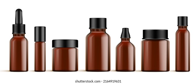 3D Amber Or Cosmetic Essential Oil Glass Bottle Set. EPS10 Vector