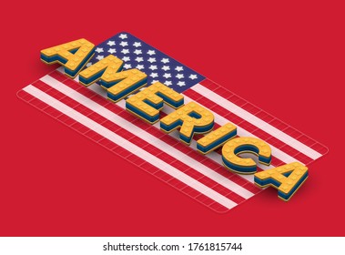 3D 'AMERICA' gold and blue font on isometric USA flag, vector illustration
