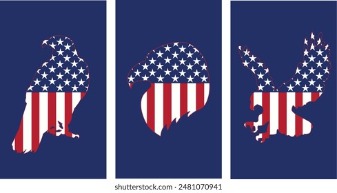 3d American Eagle set, 4th July concept, Independence Day concept, Wallpaper with inflate plastic effect. Phone wallpaper, 3D render illustration. Trendy background