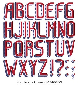 3d American font with the official flag colors and stars on each letter. Part 1/2 complete English Alphabet