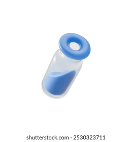 Ampola 3d com líquido azul na lateral, fechada com uma tampa de borracha. Ilustração realista de um medicamento adequado para farmácia ou gráficos médicos.