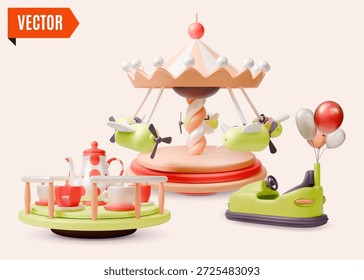 3d Amusement Park Carousel with Airplanes, Tea Cup Spin and Electric Bumper Car Concept Background Cartoon Design Style. Vector illustration