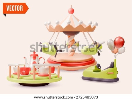 3d Amusement Park Carousel with Airplanes, Tea Cup Spin and Electric Bumper Car Concept Background Cartoon Design Style. Vector illustration