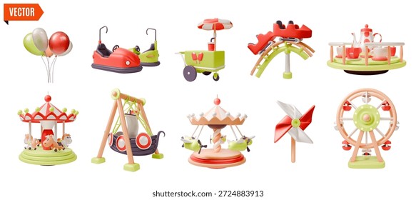 3d Amusement Park Concept Set Cartoon Design Style. Vector illustration of Balloons, Ferris Wheel Circle, Merry go Round and Electric Bumper Car