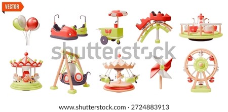 3d Amusement Park Concept Set Cartoon Design Style. Vector illustration of Balloons, Ferris Wheel Circle, Merry go Round and Electric Bumper Car