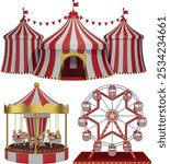 3d amusement park elements. isolated circus, carousel and ferris wheel