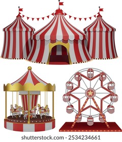 3d amusement park elements. isolated circus, carousel and ferris wheel