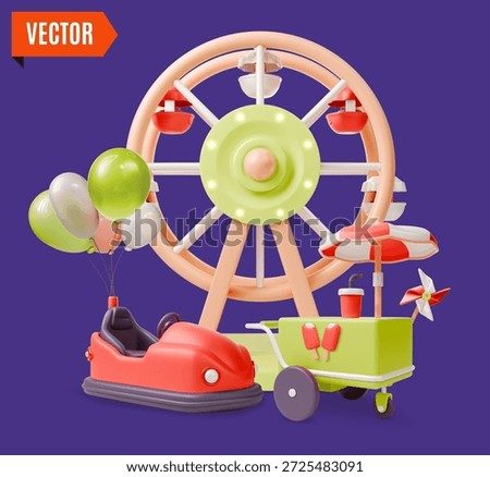 3d Amusement Park with Ferris Wheel, Electric Bumper Car and Street Food Stall Concept Background Cartoon Design Style. Vector illustration