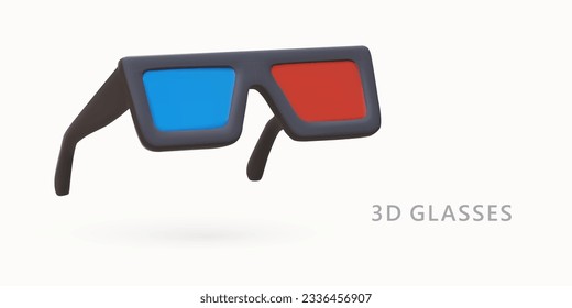 3D anaglyph glasses. Personal accessories for watching movies. Stereo picture. Cinema glasses with red and blue lens. Color poster for web design, text