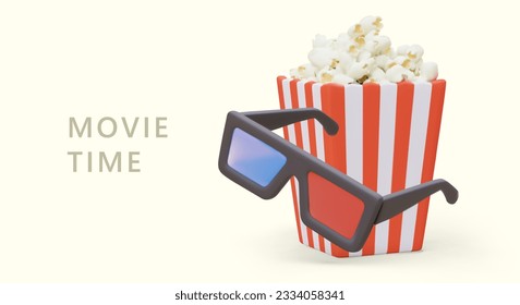 3D anaglyph glasses, square popcorn bucket. Movie time. Cartoon style banner with text. Color template for video salon, rental, online theatre. Fast food for cinema