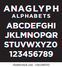 3D Anaglyphic alphabet and number vector with black background and red, blue and white font color, 3D Distortion Font