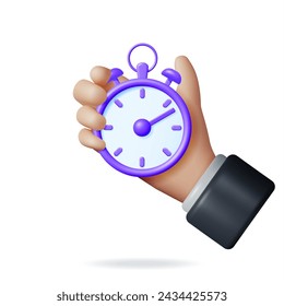 3D Analog Chronometer Timer Counter in Hand Isolated. Render Clock Stopwatch Icon. Measurement of Time, Deadline, Time-Keeping and Time Management Concept. Watch Symbol. Minimal Vector Illustration