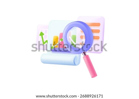 3d analysis document. Magnifying glass check report, survey review exam financial bill business evaluation study research feedback task list search info, exact vector illustration