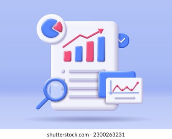 concepto de análisis 3D. Vidrio de ampliación cerca del documento con gráficos y diagramas. Informe anual de negocios, investigación de marketing. Icono para el sitio web. Gestión y planificación de tareas. Isometric vector ilustración