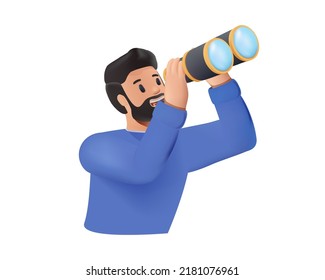 3D analytics illustration. Business decision making, career path, work direction or choose the right way to success. Man or student looking in binocular. Forecasting, planning business research