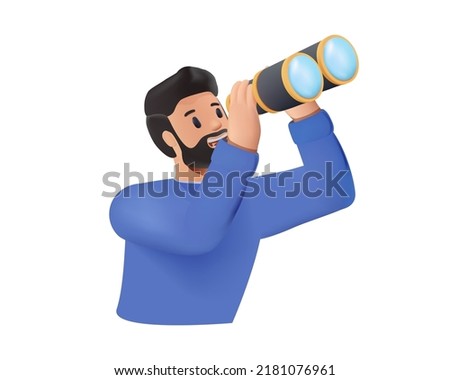 3D analytics illustration. Business decision making, career path, work direction or choose the right way to success. Man or student looking in binocular. Forecasting, planning business research