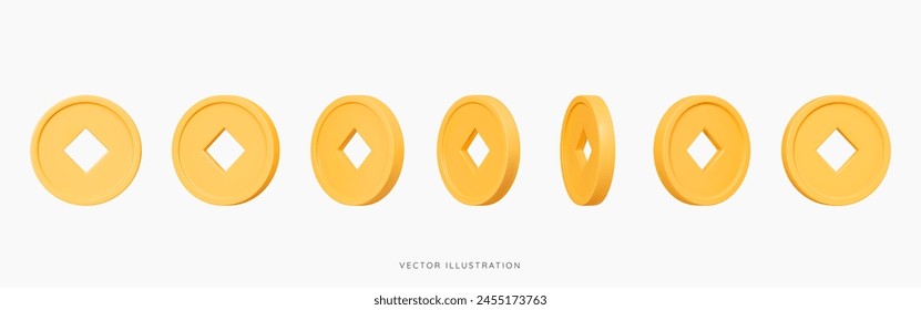 3D Ancient Chinese gold coins with square hole at different angles and rotations. Set of spinning Asian coins. Lunar New Year gift. Luck and treasure. Cartoon design icon. 3D Vector illustration