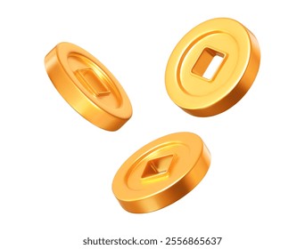 3d Ancient old gold coins of China, with square hole. Design element for Chinese New Year. Stock vector illustration on isolated background.