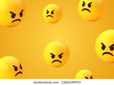 3d angry emoji face background collection. grumpy yellow emoticon for social network media - mad pouting emojis - anger, enraged, hate emoticon set - cute smiley smiling emoticons. Vector illustration