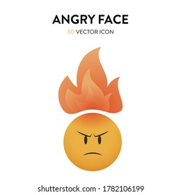 3d angry face and flame icon. Vector illustration of an angry face and burning flame overhead with trendy and bright color gragient. Emoticon anger sign with frown eyebrows and red forehead