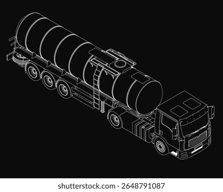 A 3D animated tanker truck model stands out on a sleek black background, featuring realistic movement and detailed textures. The lifelike animation highlights the truck's wheels, cabin, and.