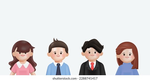 3D animation cartoon business people teamwork. Young employee office worker character. Vector illustration in 3d rendering style.