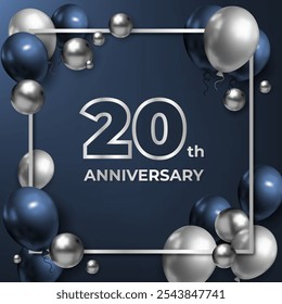 A 3D anniversary banner with balloons and silver balls in blue tones. For advertisements, greeting cards, or web banners, featuring a modern, festive design. Not AI.