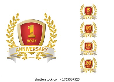 3D Anniversary emblem logo set with laurel/laurel wreath motif red｜1 year anniversary-50 years anniversary