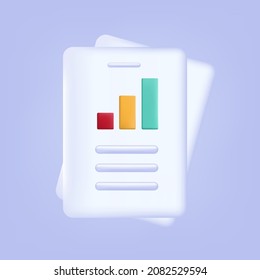 3d annual report. Icon growth graph. Chart up on a paper page. Successful final result of work for a year. Information in a document with a progress bar. Data analysis and performance concept. Vector 