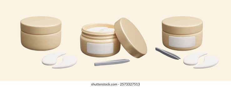 3D anti aging hydrogel eye patches in golden packaging vector illustration. Different open and closed cosmetic product bottles of hydrating eye patches and tweezers 3D vector render icon set.