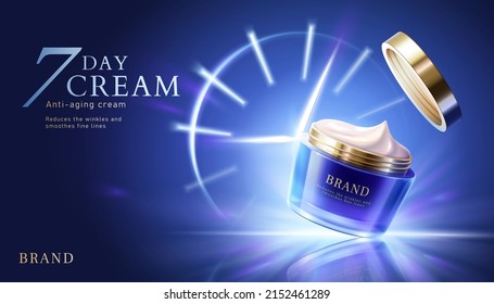 3d anti-aging or rejuvenate cosmetic cream ad template, blue glass jar mock-up with shining clock shape light in the background - Shutterstock ID 2152461289