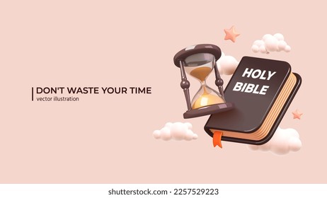 3D Apocalypse Concept. Realistic 3d design of Holy Bible and Hourglass. Apocalypse, end of the world, new world in cartoon minimal style. Vector illustration