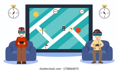3d app, augmented digital reality, cyberspace design vector illustration. Navigation virtual reality game at screen technology. Boy character play at abstract display, cartoon visual map.