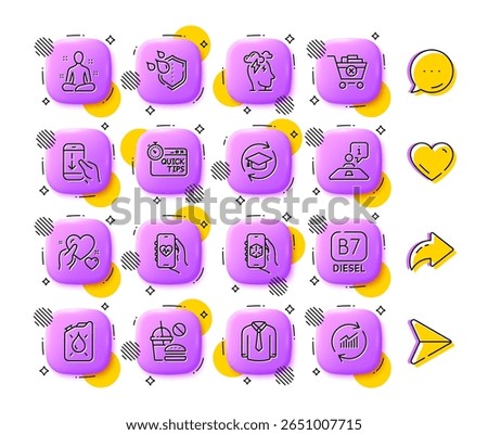 3d app, Diesel and Fast food line icons. App 3d buttons. Social media comment, share, like icons. Pack of Yoga, Continuing education, Scroll down icon. Shirt, Quick tips, Hold heart pictogram. Vector