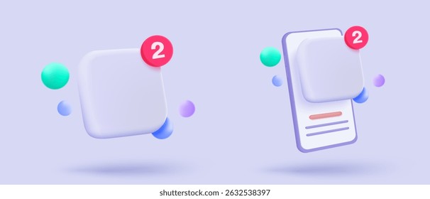 O ícone do aplicativo 3D assina com aviso bolha de fala de alerta por push, aviso de push de conversa social online, aplicativo em branco de anúncio, bate-papo com as mídias sociais. botões de lembrete 3d ícones renderizar ilustração de vetor